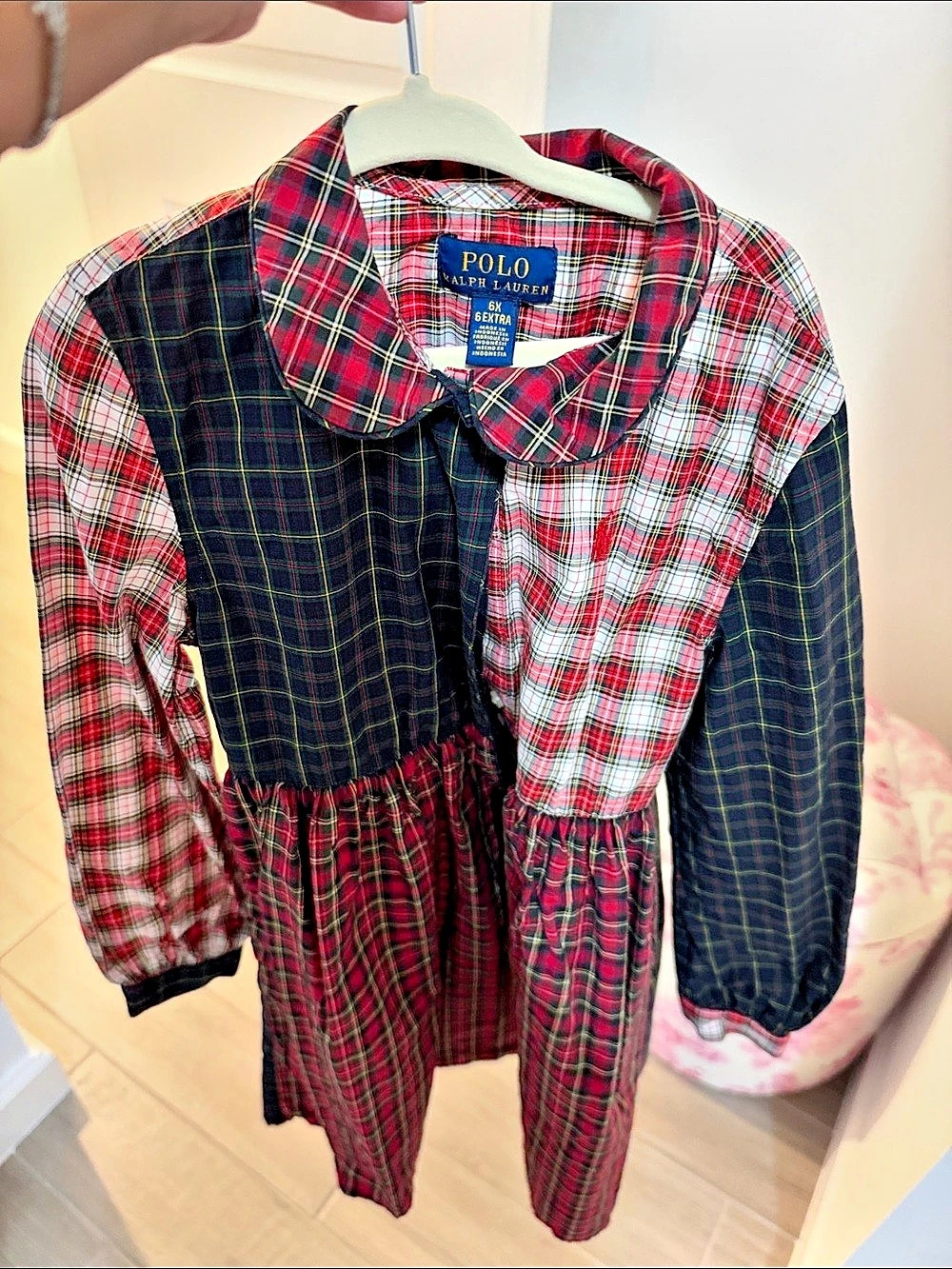 Polo Ralph Lauren Plaid Patchwork Cotton Poplin Dress Red & Black Girls 6X
